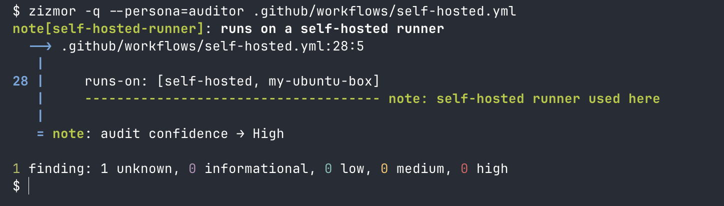 A screenshot of zizmor running with the auditor persona