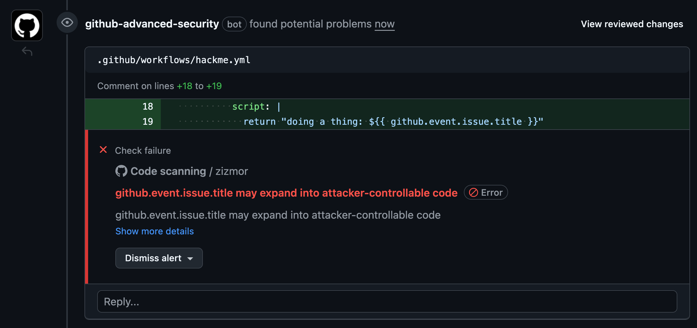 A screenshot of GitHub code scanning showing a result from zizmor
